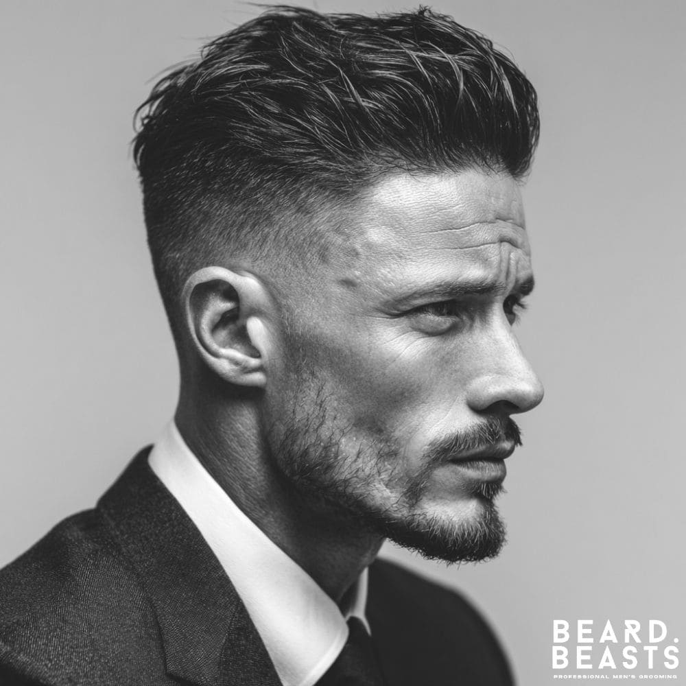 Young male model with a textured slick back haircut for men, featuring sleek volume and natural texture, perfect for textured haircuts for men seeking a bold, modern look.