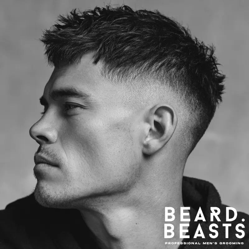 Textured top bald drop fade haircut with voluminous, messy hair on top and clean, tapered sides. This style offers a bold, dynamic look with sharp definition, ideal for those seeking height and volume.