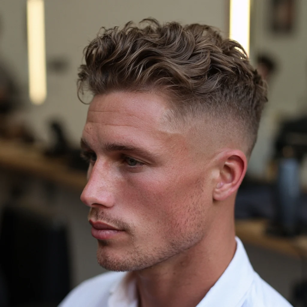 Man with a wavy high fade quiff, natural wave building height and movement at the front with a high fade at the sides.