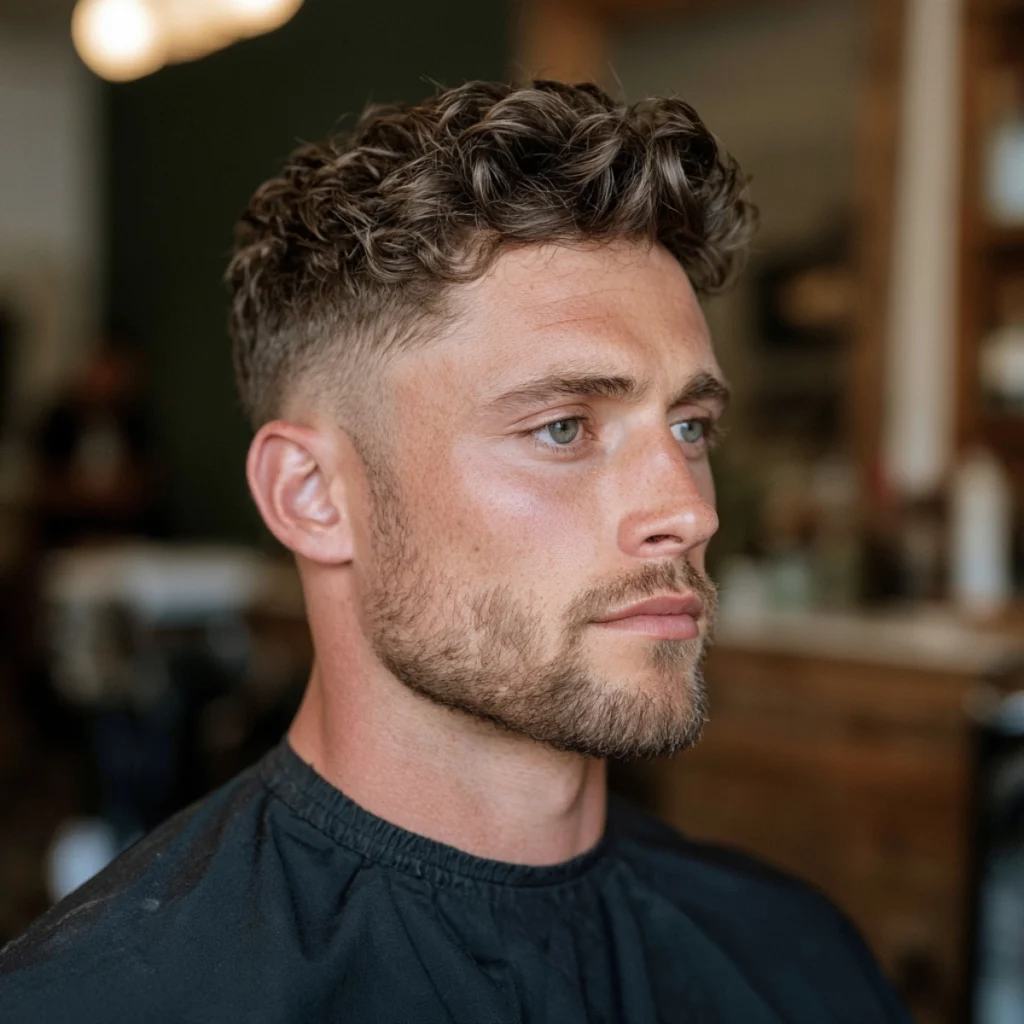 Wavy short textured quiff with natural wave through the top and faded sides