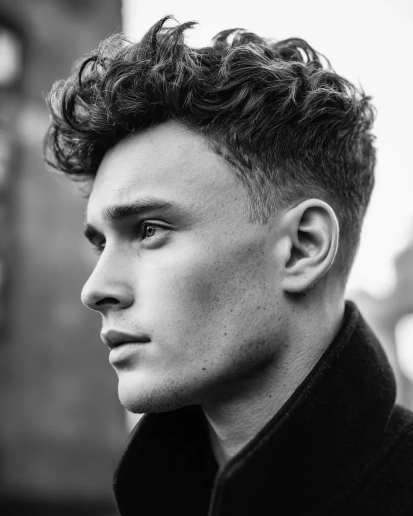 wavy short textured quiff haircut with natural wave movement and low fade, black and white