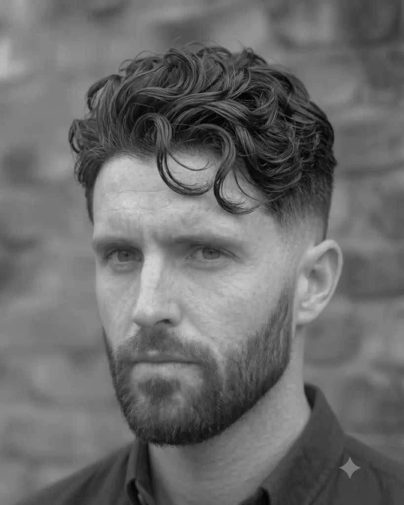 Man with a wavy textured top, low fade haircut and short beard in a black and white portrait.