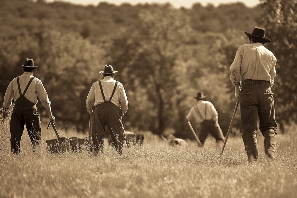 The image depicts a group of four men in vintage work attire, standing in a field. They are dressed in old-fashioned suspenders, wide-brimmed hats, and loose-fitting shirts, indicative of a past era. Each man is holding a long, sturdy tool in one hand, possibly for agricultural or manual labor. The scene is captured in sepia tones, giving it a nostalgic, timeless feel. The background shows a green, wooded landscape, with the men focused on their tasks, suggesting a connection to nature and traditional, hard-working lifestyles. The image evokes a sense of history and rugged masculinity.