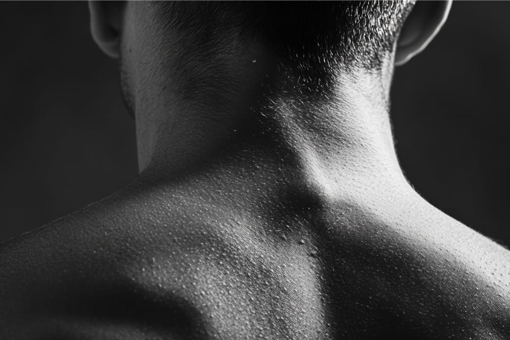 The image features a close-up of a man's back, with a focus on his shoulders and the upper part of his spine. The skin is glistening with moisture, highlighting the texture and tension in the muscles. The lighting accentuates the contours and details of the back, creating a sense of strain or stress. The subtle drops of moisture on the skin suggest physical exertion or emotional tension, giving the image a raw, expressive quality. The monochrome tones add to the intensity, emphasizing the contrast between light and shadow on the skin's surface.