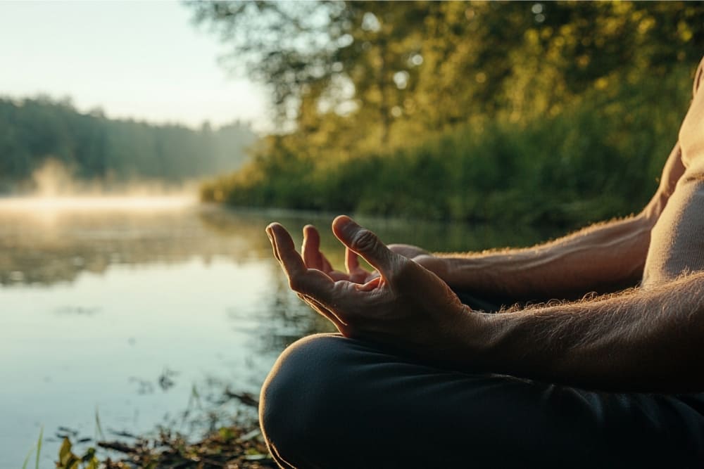 The image shows a close-up of a person's hands in a meditative pose, with their palms facing upward and fingers gently touching in a traditional gesture for relaxation or mindfulness. The person is seated by the edge of a serene body of water, surrounded by lush greenery. The soft, warm sunlight illuminates the scene, casting a peaceful glow over the tranquil surroundings. The calm water reflects the mist rising from the surface, enhancing the sense of harmony and stillness. The overall atmosphere evokes a sense of calm and connection with nature.
