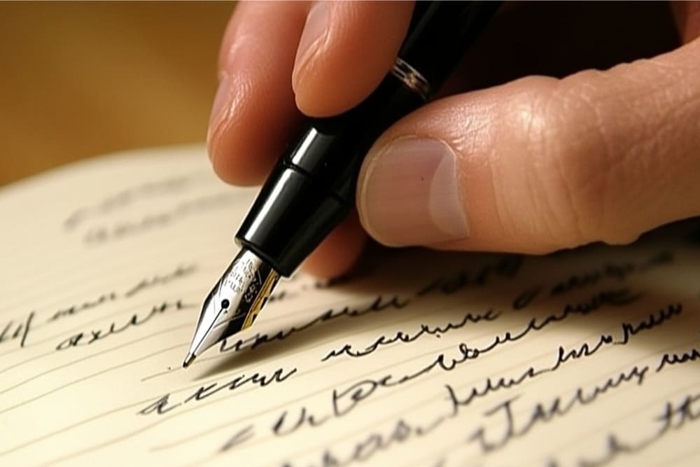 The image shows a close-up of a hand holding a fountain pen as it writes in a notebook. The pen is resting gently on the page, with fluid, cursive handwriting visible in the lines. The hand is positioned with the pen poised to continue the writing. The notebook's pages are lined, and the warm tones of the background suggest a cozy, intimate setting for journaling or note-taking. The close-up emphasizes the fine details of the pen's nib and the delicate motion of the writing hand.
