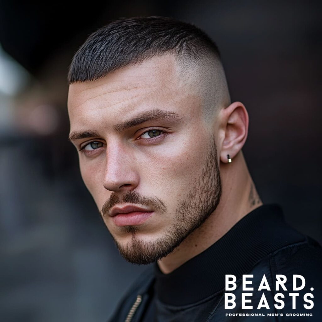 A striking portrait of a young man with a short, textured haircut that is clean and sharply defined. His well-groomed beard complements the hairstyle, creating a balanced and polished look. Dressed in a black jacket, he exudes confidence and style against an urban backdrop with soft, blurred lighting. The