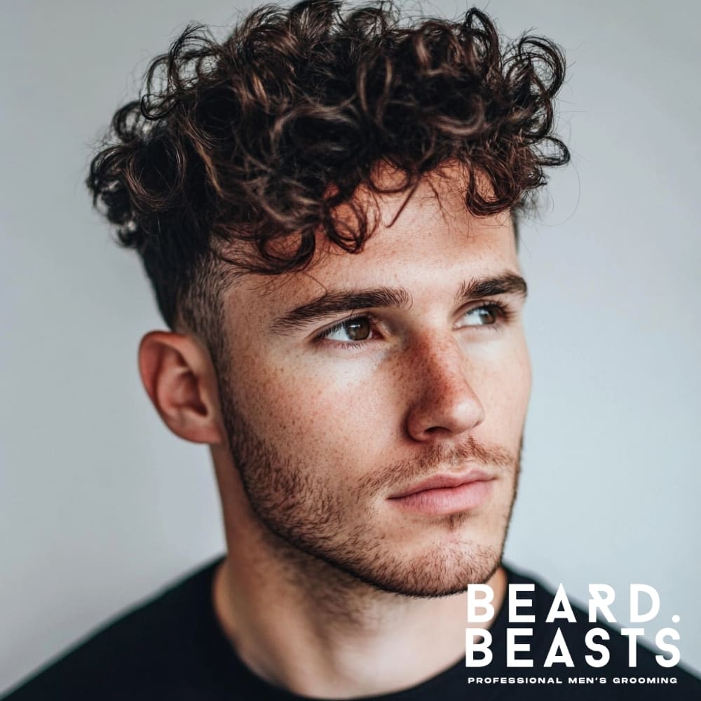 Young man with short curly hair and low taper fade, showcasing a classic curly taper haircut—ideal example of low-maintenance short curly hairstyles for men