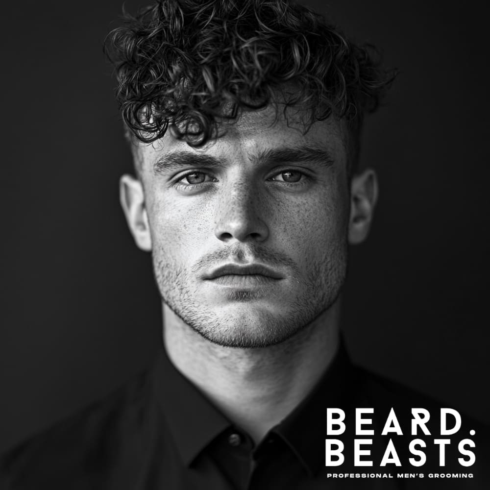 Man with a curly fringe showcasing one of the best short curly hairstyles for men, featuring defined curls swept forward for a stylish and textured finish.
