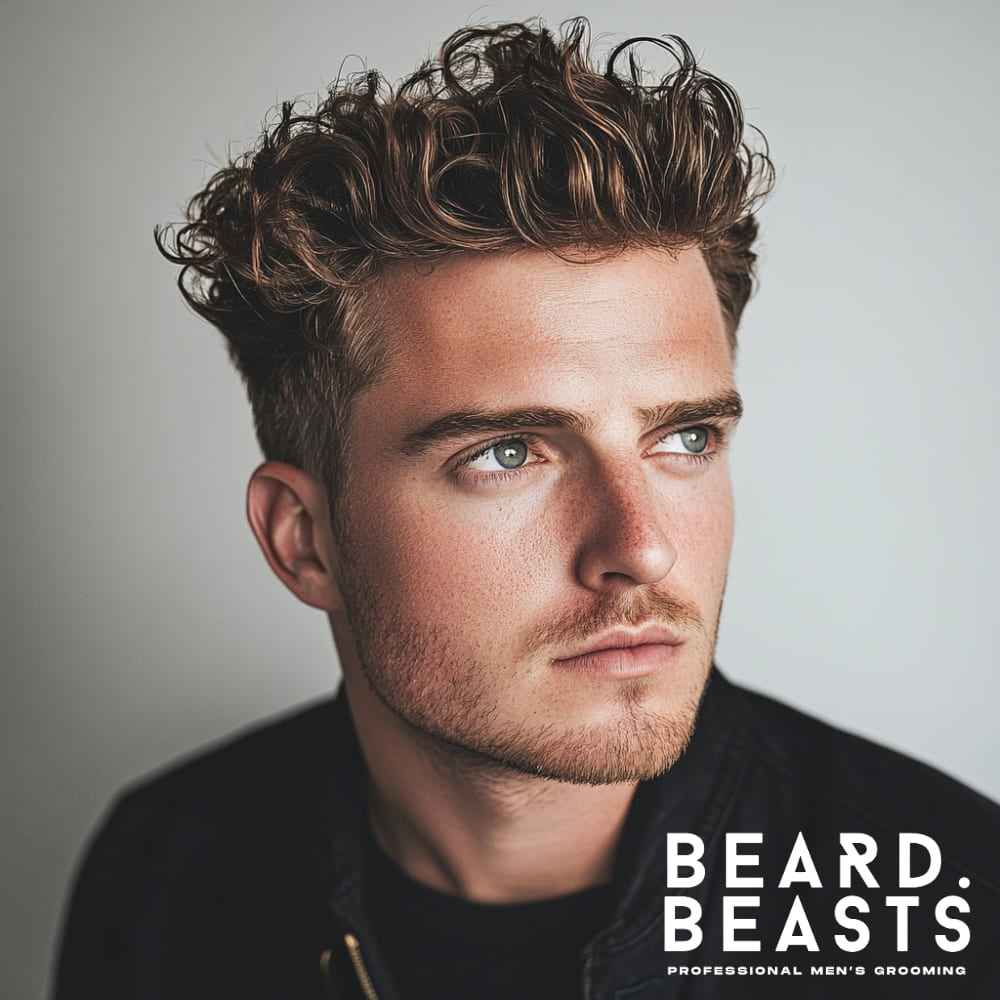 Side-angled portrait of a man with voluminous curls styled into a defined quiff, featuring short tapered sides and a natural, textured finish.