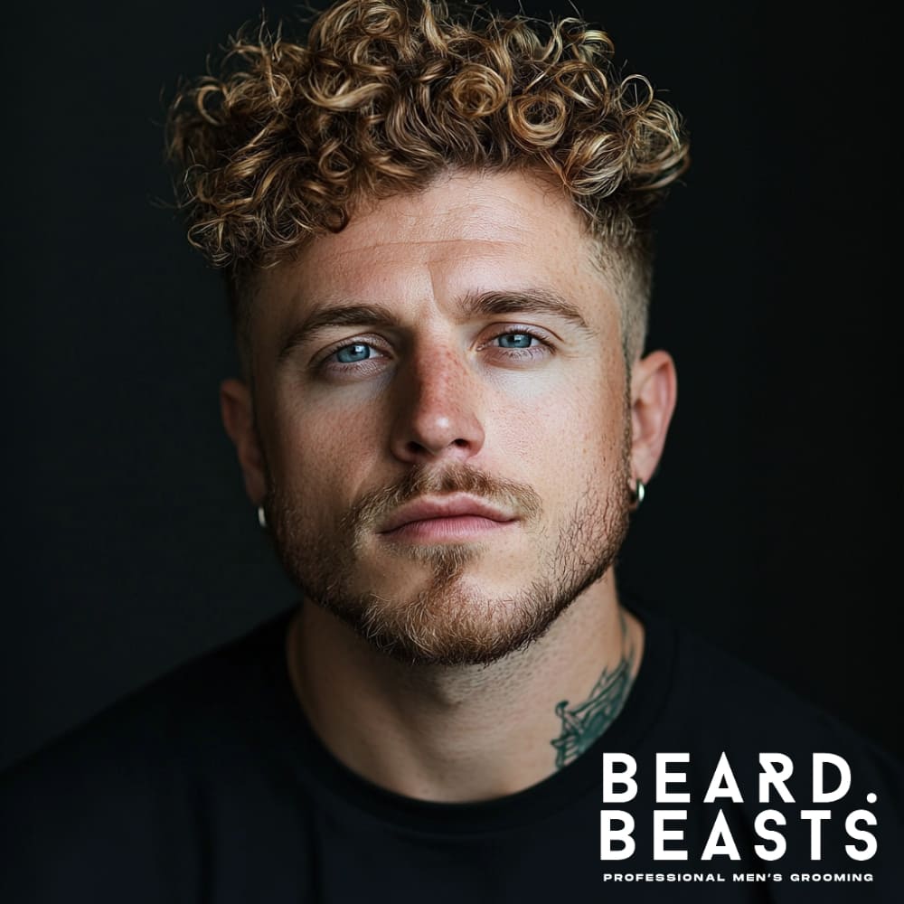 Man with a curly undercut hairstyle, showing off voluminous golden curls and sharply trimmed sides for a modern, edgy look.