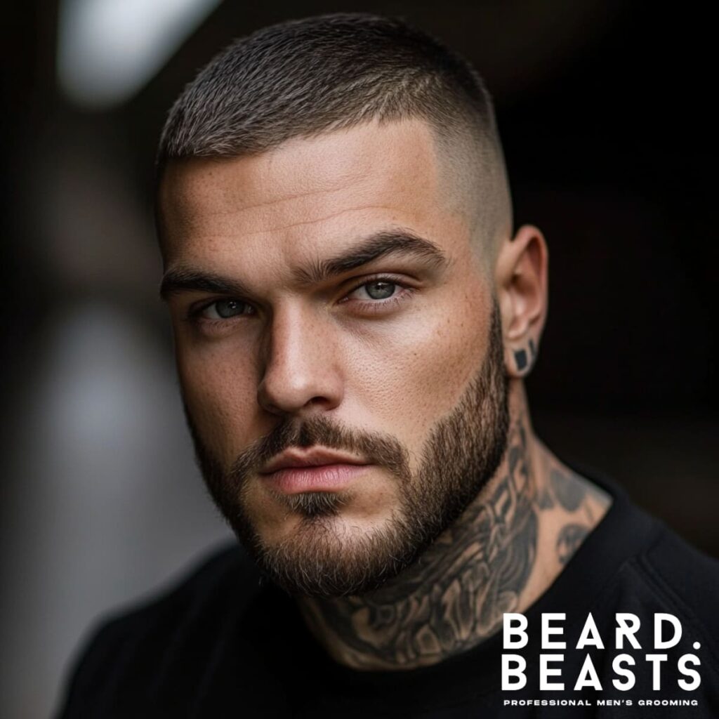 Close-up portrait of a man with a high skin fade crew cut, featuring short, neatly trimmed hair on top that seamlessly blends into a bold, high skin fade on the sides. The clean, sharp lines of the fade highlight the structured and edgy look. The man’s well-groomed beard and tattoos enhance his modern and confident style. A perfect example of a sharp and professional skin fade crew cut with high contrast.