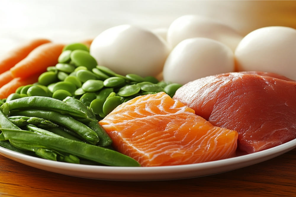 A plate featuring a variety of nutrient-rich foods, including vibrant green snap peas, bright orange carrots, plump lima beans, fresh salmon, tender raw meat, and boiled eggs. The colorful assortment highlights a balanced selection of proteins, vegetables, and essential nutrients, presented on a white plate with a wooden table background. The arrangement emphasizes health and well-being.
