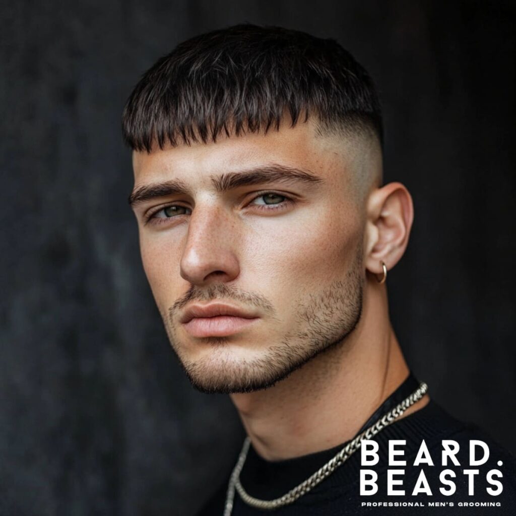 Portrait of a man featuring a Classic French Crop Skin Fade, showcasing a clean, sharp medium skin fade on the sides and a short, slightly textured fringe on top. The haircut highlights a timeless, modern look, complemented by subtle facial stubble, a hoop earring, and a chain necklace. The man’s confident expression and neutral, dark background draw attention to the precise details of the haircut. A stylish representation of the French Crop Skin Fade for a bold yet polished appearance.