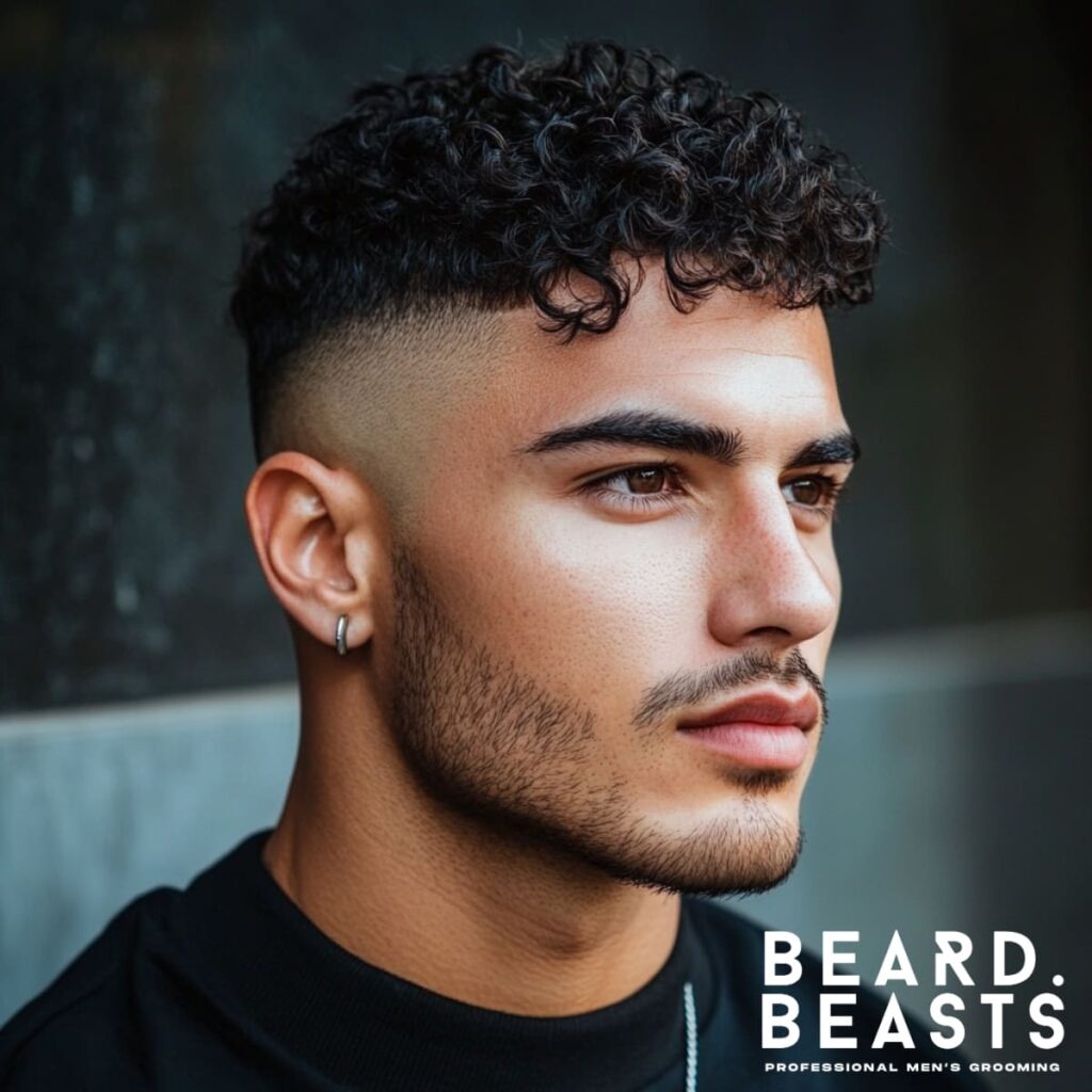 Portrait of a man showcasing a Curly French Crop Skin Fade, featuring naturally defined curls on top paired with a sharp skin fade on the sides. The haircut emphasizes the contrast between the textured curls and the cleanly tapered fade, creating a bold and modern look. The man exudes confidence with well-groomed facial stubble, a hoop earring, and a sleek black shirt, set against a neutral, softly-lit background. A stylish example of how the French Crop Skin Fade complements curly hair.