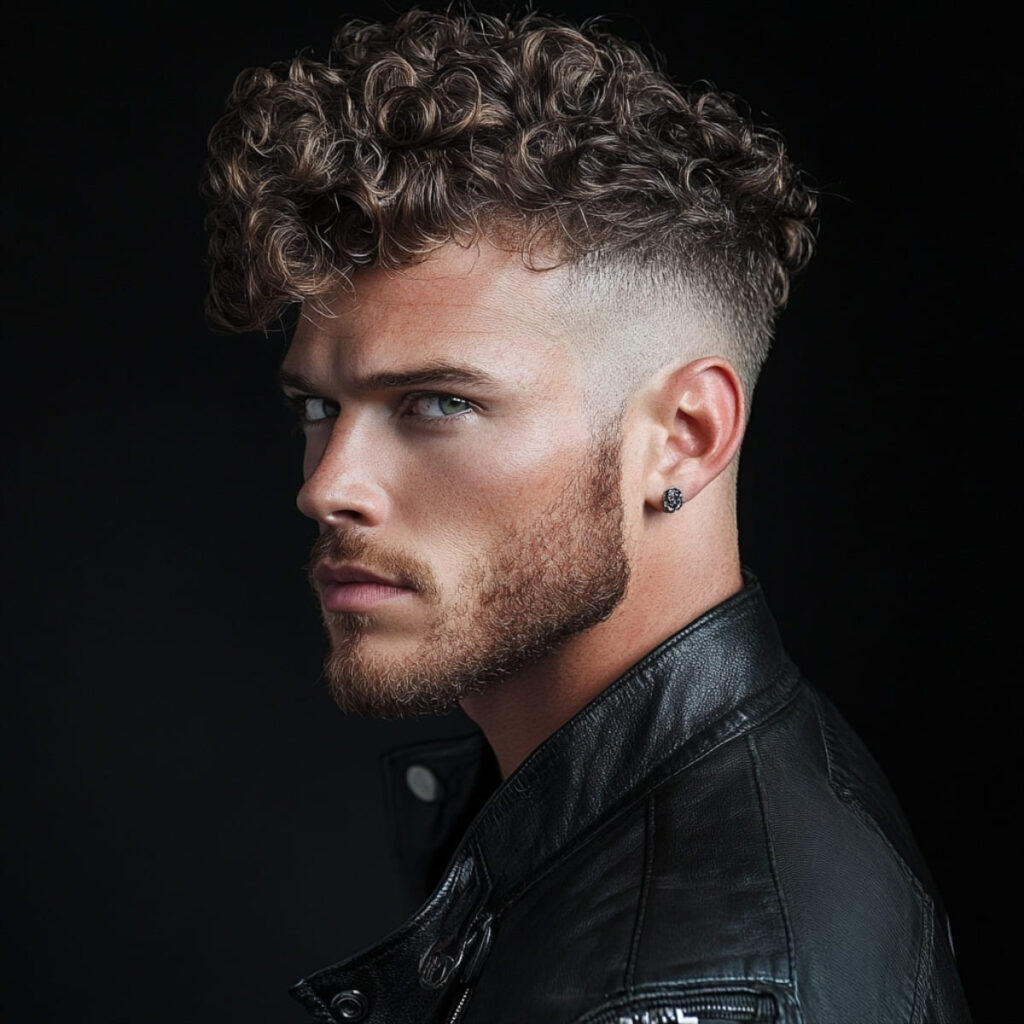 A side profile of a man wearing a curly skin fade faux hawk hairstyle. The haircut features a clean, gradual skin fade on the sides that sharply contrasts with the voluminous, natural curls styled into a faux hawk at the top. The rich texture of the curls adds dimension and movement to the edgy look. The man pairs the hairstyle with a well-groomed beard, stud earring, and a sleek black leather jacket, enhancing the bold and stylish appeal. The dark background highlights the details of the hairstyle, emphasizing its modern and striking design.