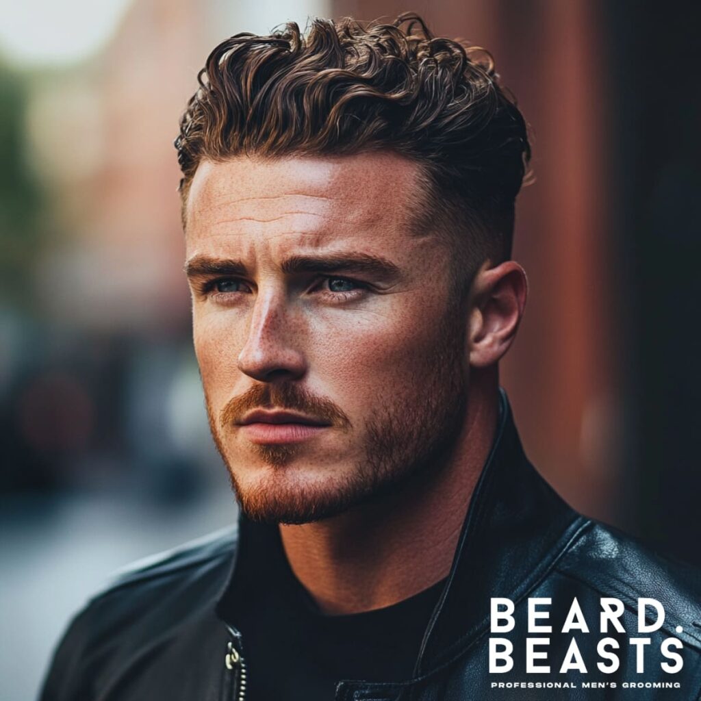 A portrait of a ruggedly handsome man featuring a stylish curly skin fade slick back hairstyle. The sides are sharply faded down to the skin, creating a clean and polished look that contrasts with the textured curls slicked back on top, exuding both modernity and sophistication. The man has a neatly trimmed beard that complements his well-defined jawline and sharp facial features. He is dressed in a sleek black leather jacket, enhancing his bold and confident demeanor. The background is softly blurred, emphasizing the subject while adding depth, with the