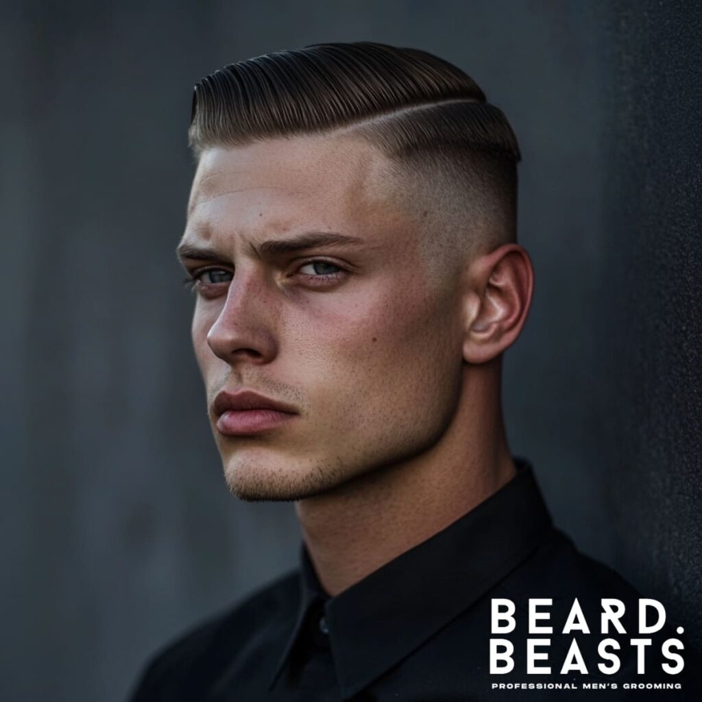 Portrait of a 30-year-old man showcasing a hard part comb-over skin fade haircut, featuring a precise razor-sharp parting line and neatly combed hair swept to one side. The high skin fade transitions cleanly, emphasizing the bold and structured style. The man's sharp jawline and intense expression enhance the edgy, confident vibe. The Beard Beasts branding in the corner highlights premium grooming and modern style.