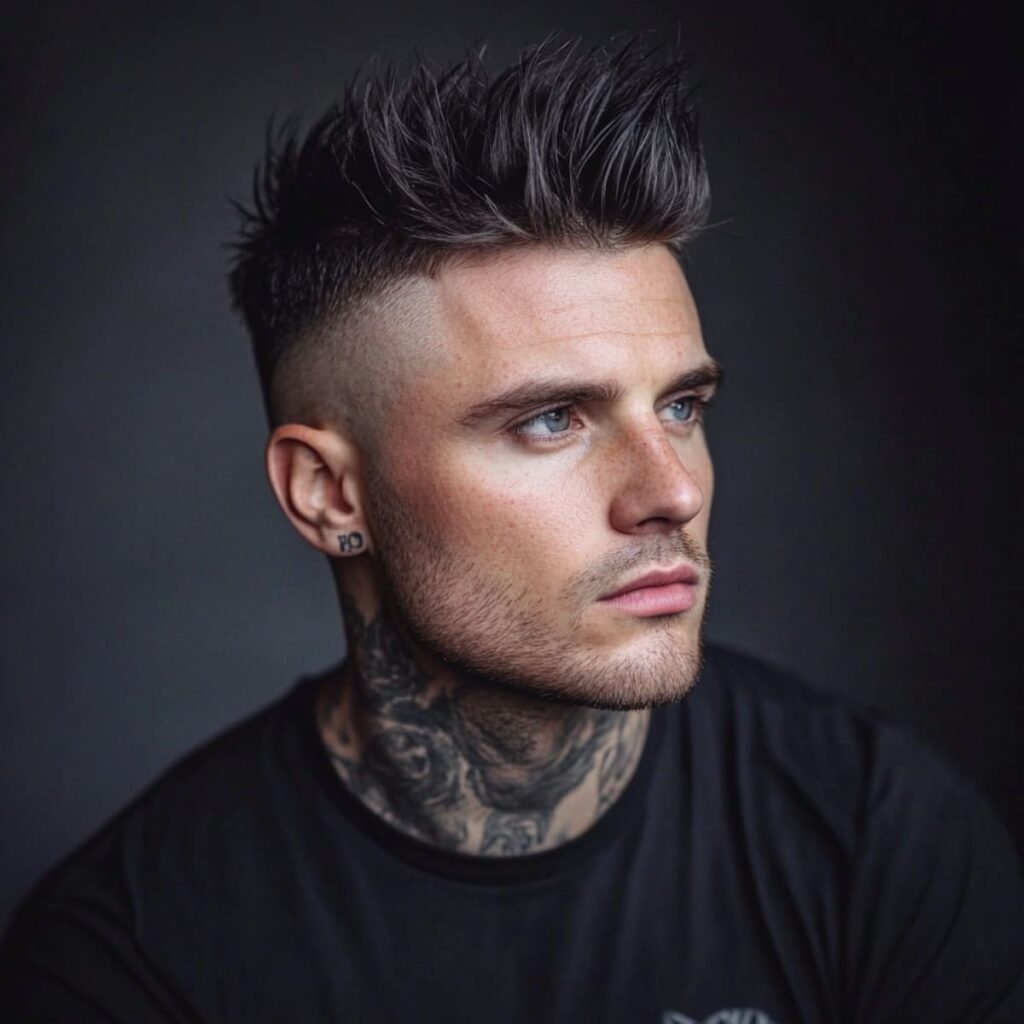 A portrait of a stylish man showcasing a skin fade faux hawk hairstyle. The sides feature a clean, high skin fade that transitions sharply into the voluminous, textured faux hawk at the top. His hair is meticulously styled with sharp, defined peaks that create a modern and edgy look. The man has a strong jawline, subtle facial stubble, and a tattoo on his neck, complementing the bold and confident vibe of the hairstyle. The dark background enhances the focus on the haircut, making it stand out as the centerpiece of the image.