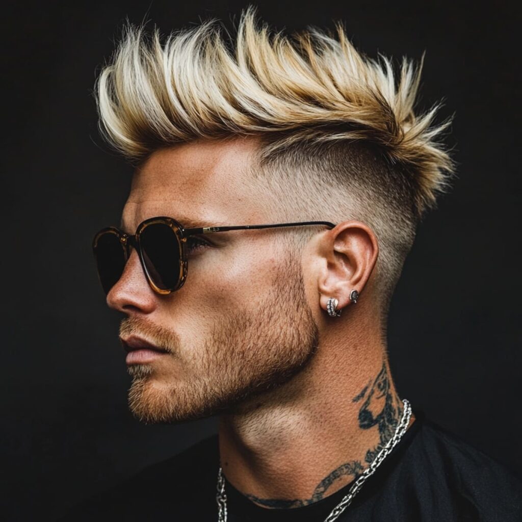 A side profile of a man wearing a stylish skin fade faux hawk with blonde highlights. The haircut features a sharp, high skin fade that seamlessly transitions into a voluminous faux hawk styled with bold, textured blonde strands. The light highlights add dimension and contrast, enhancing the edgy yet sophisticated look. The man accessorizes with tortoiseshell sunglasses, hoop earrings, and a silver chain, paired with a subtle neck tattoo, creating a modern and confident vibe. The dark background draws attention to the intricate hairstyle and vibrant highlights, making them the focal point of the image.