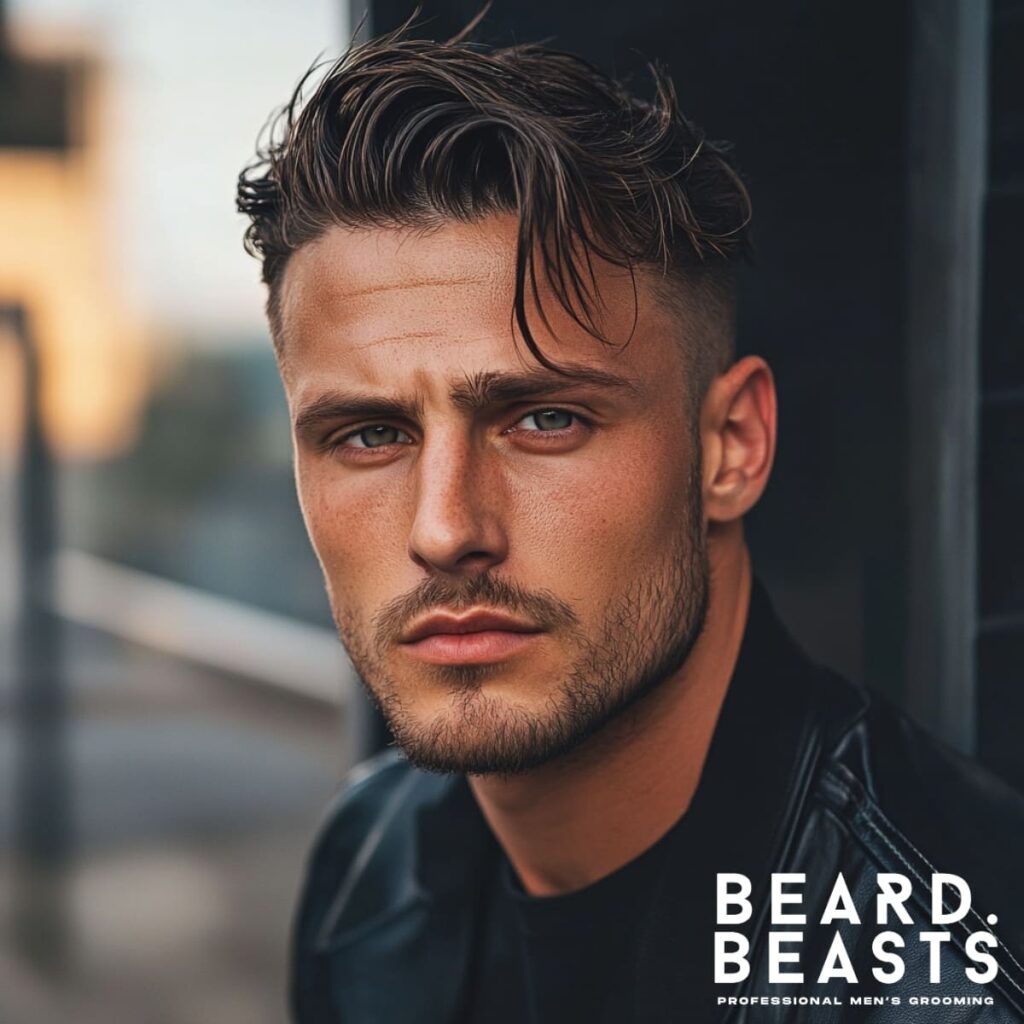 Portrait of a 30-year-old man with a messy comb-over skin fade haircut, featuring tousled hair swept casually to one side for a relaxed, effortless look. The low skin fade provides a clean contrast to the textured, undone top. His sharp jawline and stubble enhance the rugged yet approachable vibe. The natural lighting and Beard Beasts branding add a modern, stylish touch to the image.