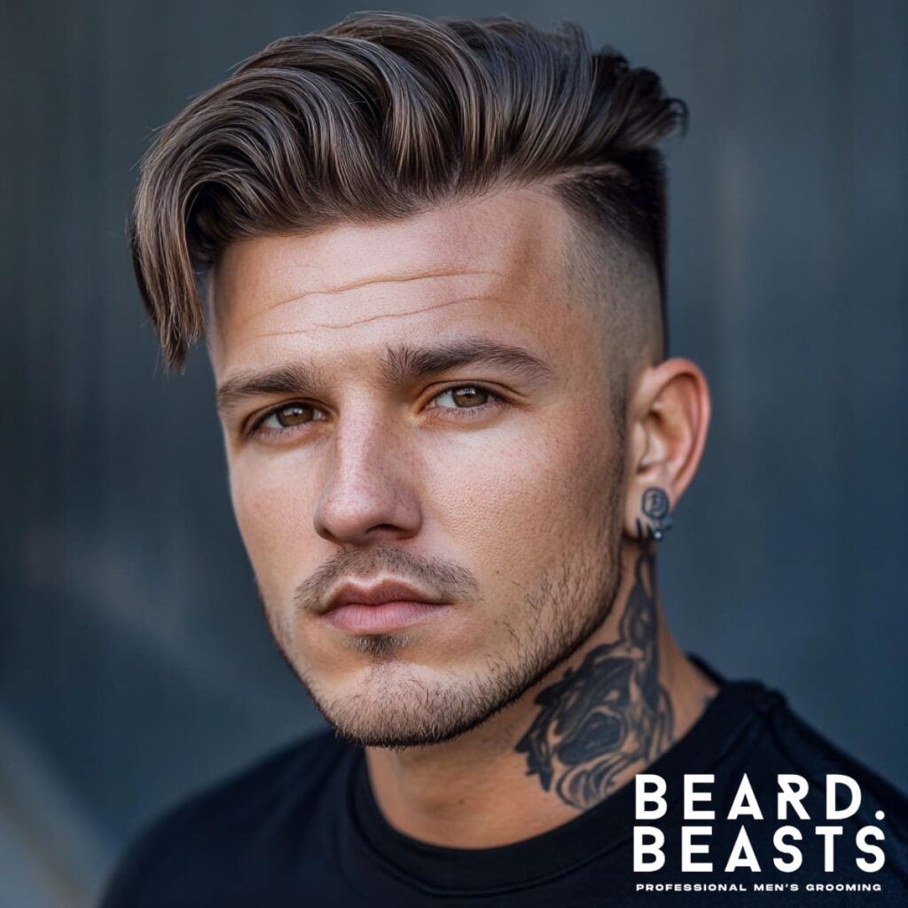 Portrait of a 30-year-old man with voluminous, styled hair swept into a quiff, complemented by a clean fade on the sides. The textured top adds height and drama, while his subtle facial stubble and bold neck tattoo enhance his edgy, modern look. His piercing gaze and confident expression create a striking presence. The muted background and Beard Beasts branding emphasize a premium, stylish aesthetic.