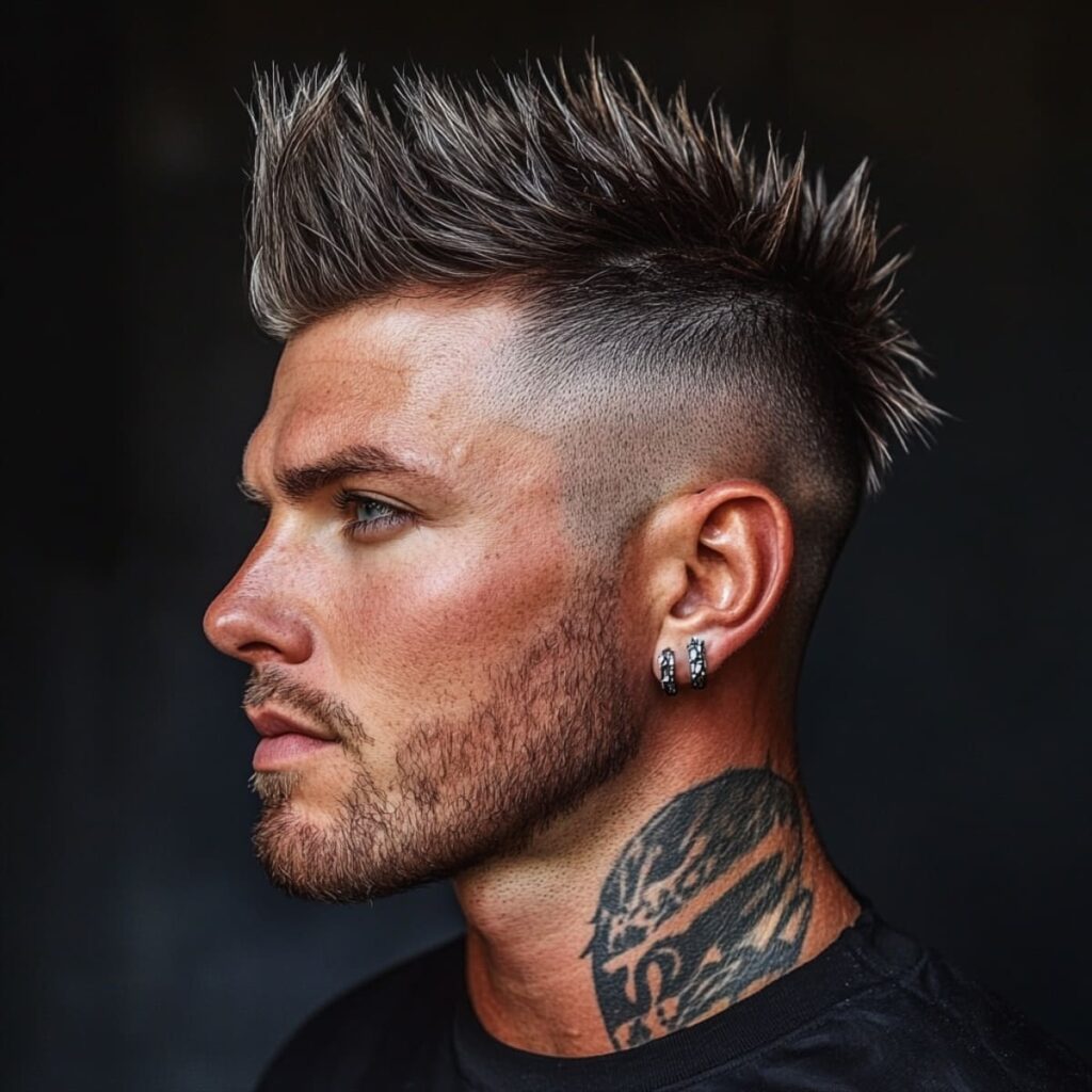 A side profile of a man with a striking textured skin fade faux hawk hairstyle. The haircut features a bold, high skin fade on the sides that contrasts sharply with the spiked, textured faux hawk on top. The spiky peaks add a dynamic and edgy flair, emphasizing the modern and rebellious vibe of the style. The man complements the look with a neatly groomed beard, hoop earrings, and a neck tattoo, creating a bold and confident aesthetic. The dark background enhances the hairstyle's details, making the textures and clean fade lines stand out prominently.