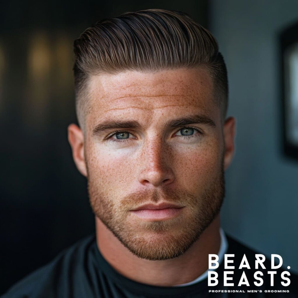 A portrait of a man with a meticulously styled textured slick back haircut, featuring a clean skin fade on the sides that seamlessly blends into the longer top. The slick back is styled with a natural, textured finish, adding volume and definition while maintaining a polished appearance. His well-groomed beard complements his sharp facial features, and his piercing eyes enhance the confident and professional look. The setting has soft lighting and a blurred barbershop-inspired background, with the