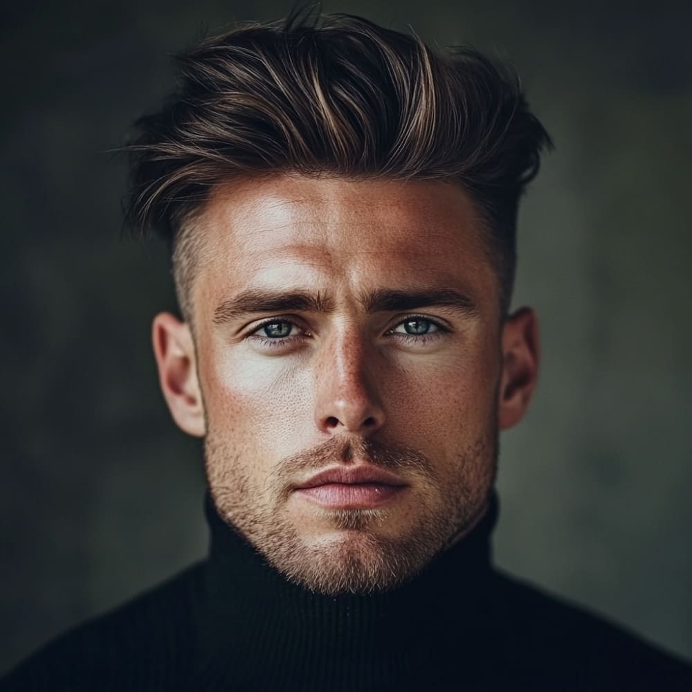 A portrait of a man with a classic messy quiff haircut, featuring voluminous, textured hair styled upward and slightly tousled for a relaxed yet polished appearance. He has sharp facial features, blue eyes, and light stubble, wearing a black turtleneck sweater. The background is soft and blurred, enhancing focus on the hairstyle and the man’s confident expression. The lighting highlights the texture and volume of the quiff, giving the image a modern and sophisticated feel.