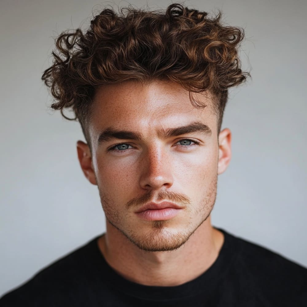 A portrait of a man with a curly messy quiff haircut, featuring voluminous, natural curls styled upward and slightly tousled for a relaxed, textured look. The sides are neatly tapered, complementing the defined curls on top. The man has blue eyes, a light mustache, and subtle stubble, wearing a black shirt. Soft lighting highlights the texture and movement of the curls, while the neutral, blurred background draws focus to the hairstyle. The overall look is modern, casual, and effortlessly stylish.