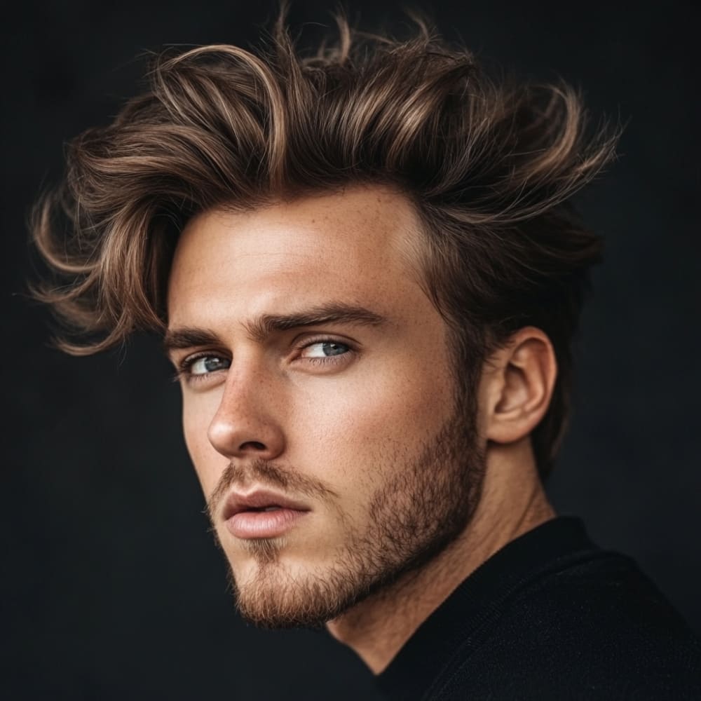 A portrait of a man with voluminous, tousled hair styled upwards and flowing to the sides, creating a natural, relaxed look. The man has soft blue eyes, a defined jawline, and light facial stubble, wearing a black turtleneck sweater. The lighting highlights the texture and movement of his hairstyle, with subtle shadows enhancing his facial features. The background is dark and blurred, drawing focus to the subject’s confident and thoughtful expression.
