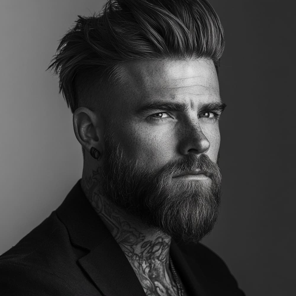 A black and white portrait of a man with a messy quiff haircut styled with textured volume and a rugged, well-groomed full beard. The sides of the haircut are tapered, emphasizing the contrast between the voluminous top and the clean sides. The man has sharp facial features, intense eyes, and visible neck tattoos, wearing a dark suit jacket. The soft lighting highlights the texture of the hairstyle and beard, adding depth and drama to the image. The background is minimalistic, enhancing the modern and confident look of the subject.