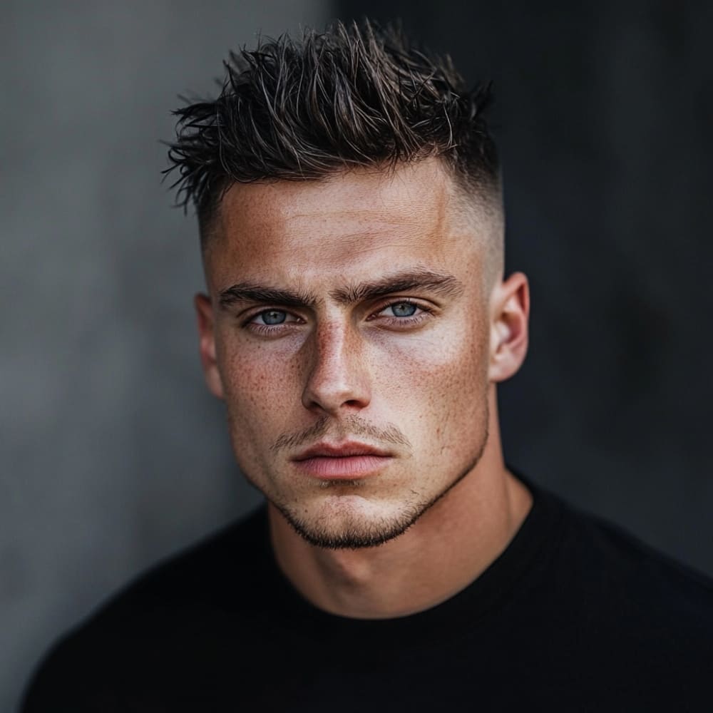 A portrait of a man with a short messy quiff haircut, featuring textured hair styled upwards with a slightly tousled finish and a sharp skin fade on the sides. The man has a chiseled jawline, piercing blue eyes, and light stubble, wearing a black shirt. The natural lighting highlights the texture and definition of the hairstyle while softening the facial features. The background is a neutral, blurred gray, drawing attention to the modern and clean haircut.