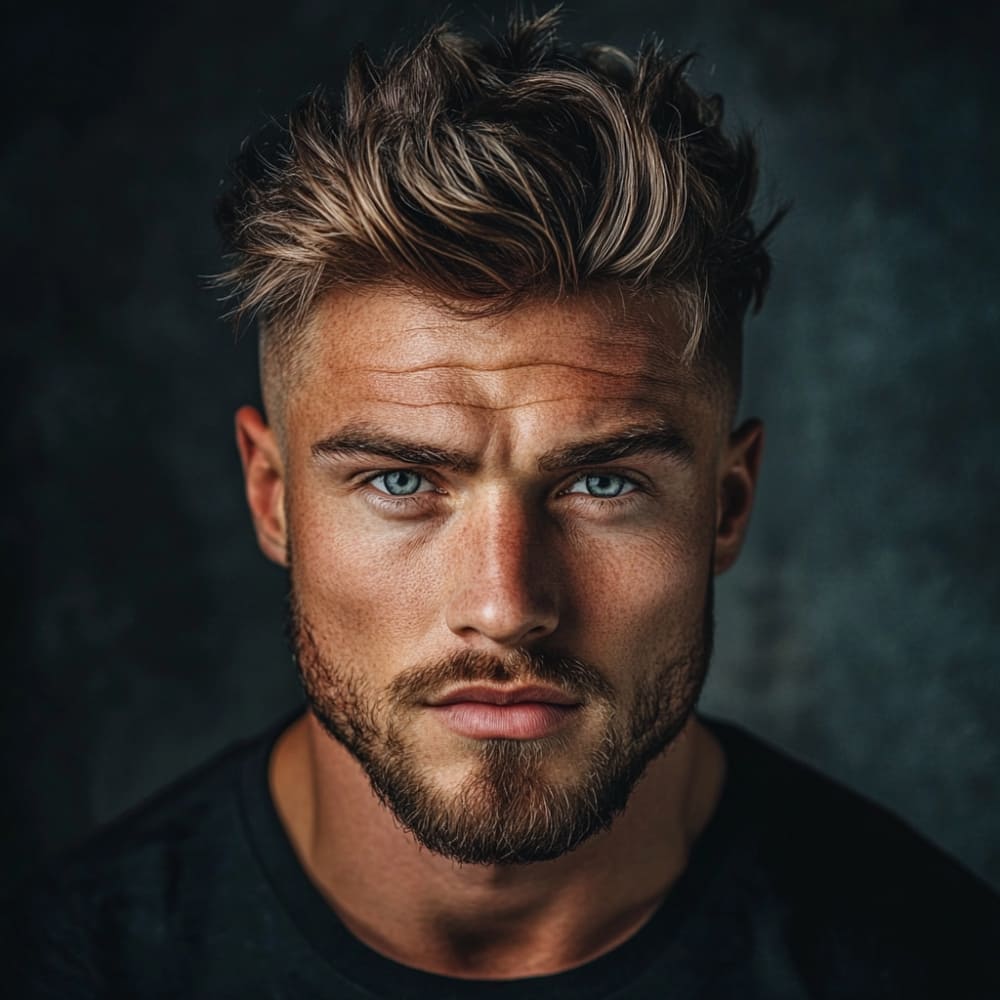 A portrait of a man with a textured messy quiff haircut, featuring voluminous, tousled hair styled upwards with defined texture and a skin fade on the sides. The man has a sharp jawline, piercing blue eyes, and a well-groomed beard, wearing a dark shirt. The soft lighting enhances the rugged texture of his hairstyle and facial features, while the blurred dark background adds a dramatic focus on his confident expression and modern haircut.