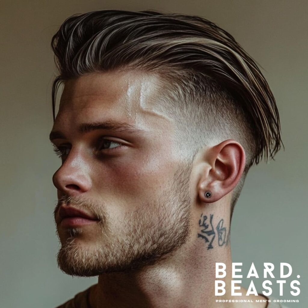 A side-profile portrait of a young man with a stylish, modern haircut featuring short, tapered sides that transition smoothly into longer hair on top. His hair on top is neatly styled with a textured finish, creating a natural yet polished look. The man has a well-groomed beard and a subtle tattoo visible on his neck, along with a minimalist earring that adds to his edgy and contemporary appearance. The lighting is soft, highlighting his sharp facial features and creating a clean, professional aesthetic. The