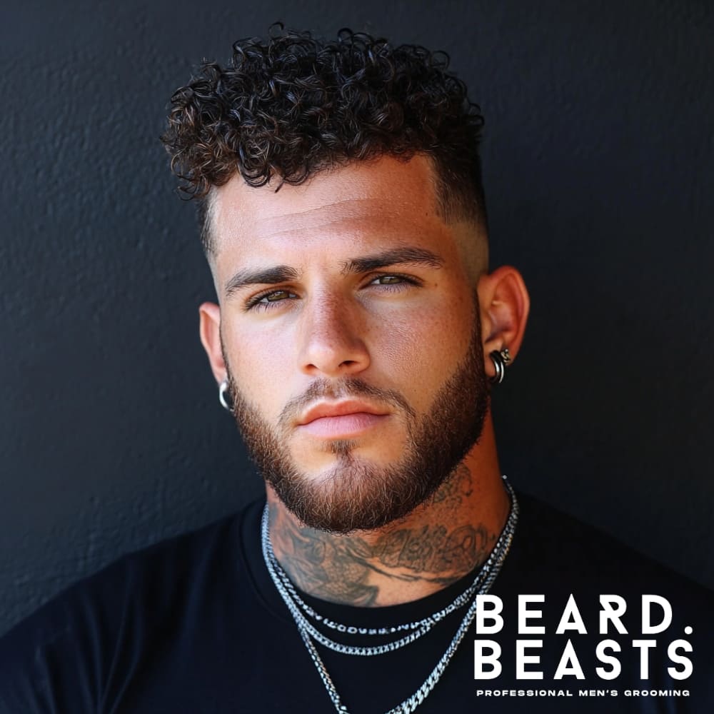 Front-facing portrait of a man with tightly defined curls styled into a modern faux hawk, paired with a clean skin fade and full, shaped beard.