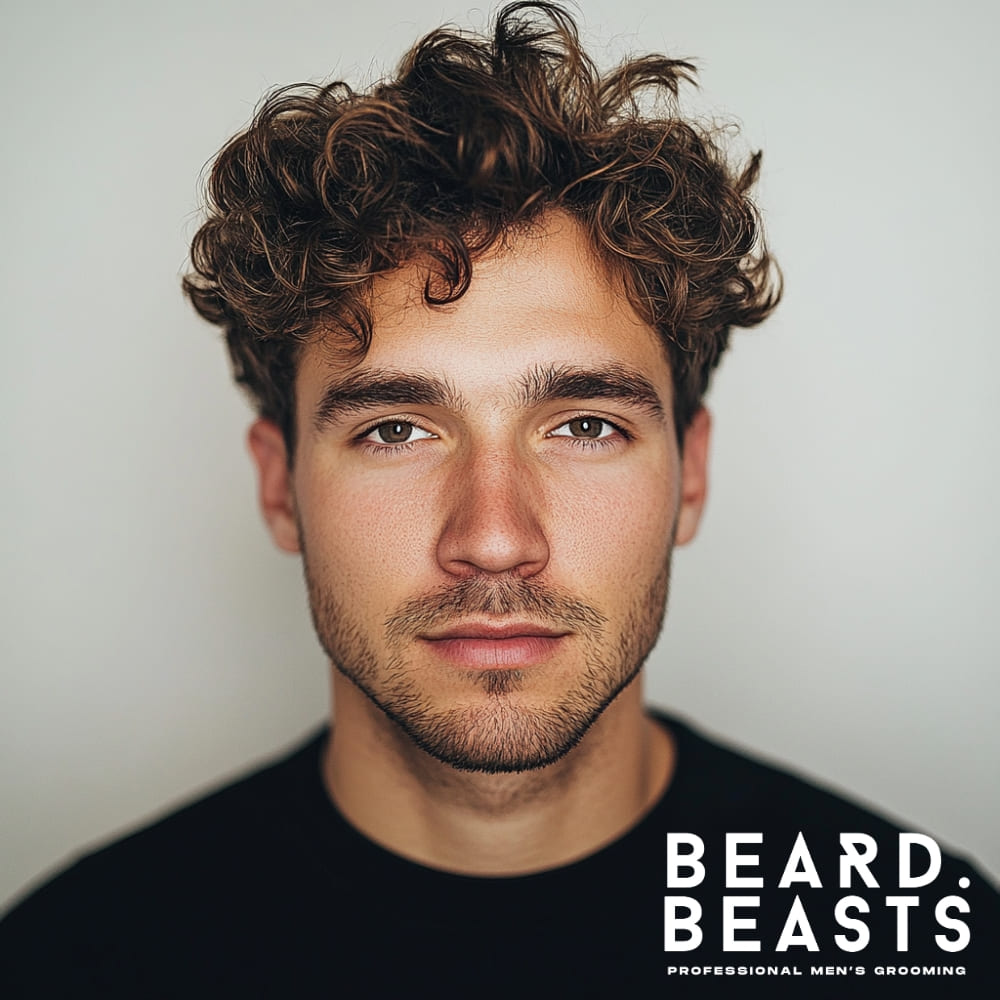 Close-up portrait of a man with short, tousled hair styled in a natural, messy texture. The hair is evenly distributed across the head, creating a casual and relaxed look. The man has a light stubble beard and wears a black shirt, standing against a soft, neutral background. The image emphasizes the effortless and approachable vibe of the hairstyle, highlighting its natural movement and texture.