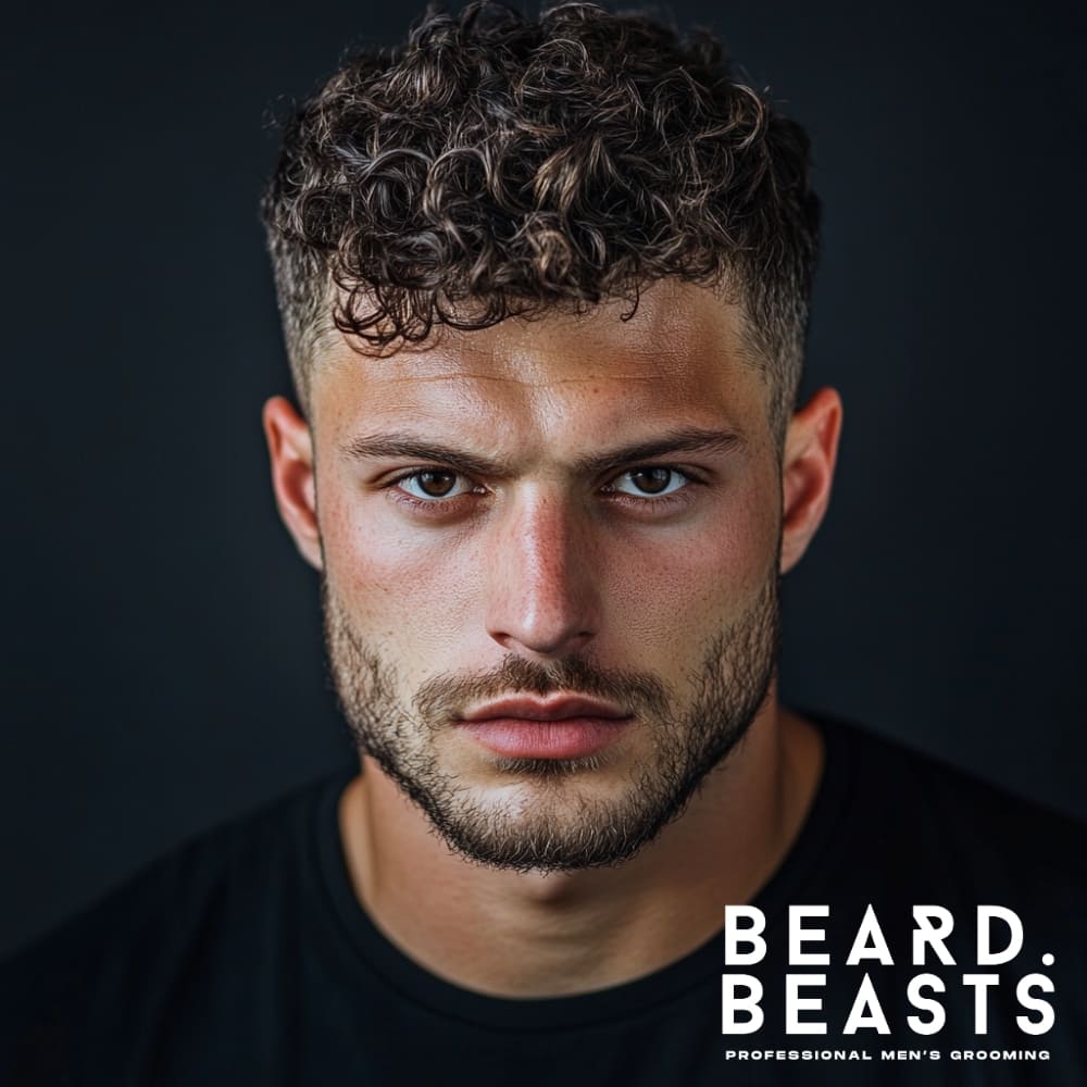 Textured curly crop haircut on a man with medium curls and a low taper fade, highlighting a stylish variation of short curly hairstyles for men.