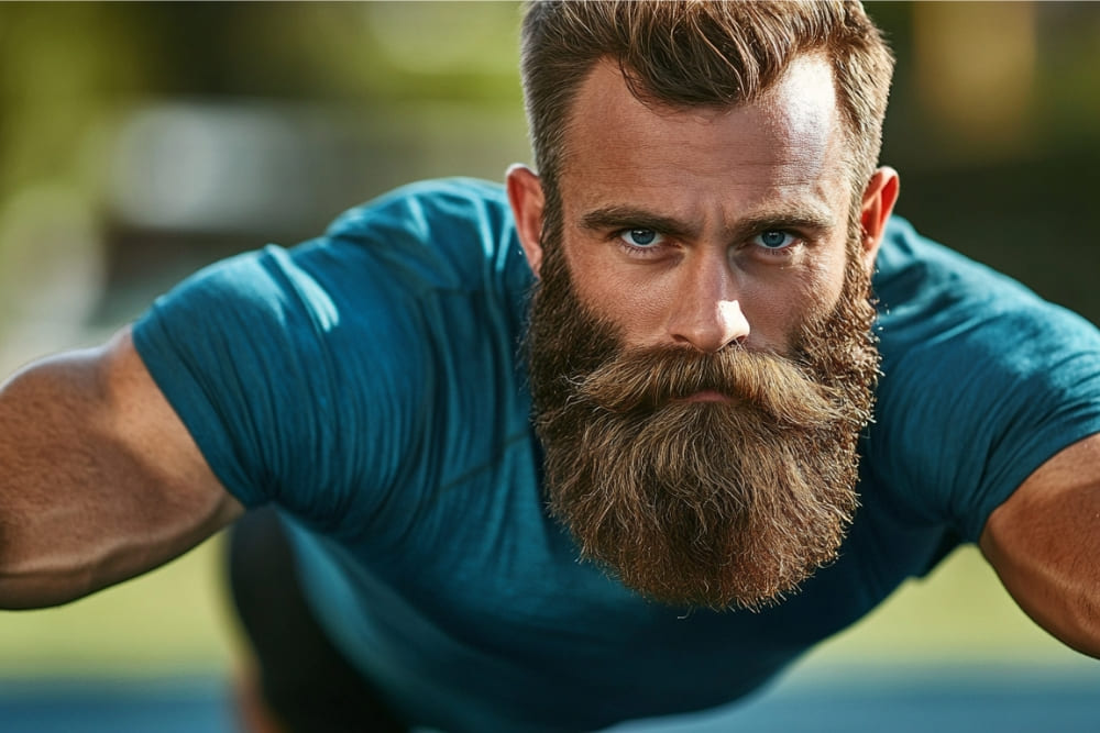 A focused image of a fit man with a full, thick beard performing an outdoor exercise. His intense gaze and athletic posture exude strength and determination. The beard is meticulously groomed, showing no signs of a patchy beard, highlighting the potential results of consistent care and grooming. The natural background adds a dynamic and active feel to the scene.