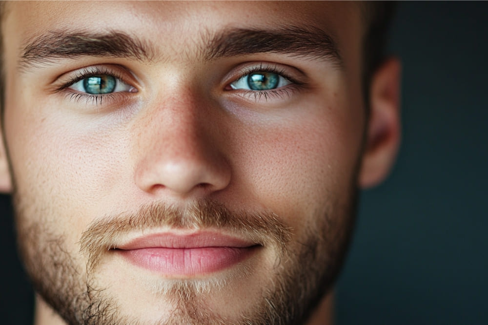 A close-up of a young man with striking blue eyes and a well-groomed stubble beard. The facial hair shows signs of a patchy beard, with thinner growth on the cheeks and a more defined mustache and chin area. His clear complexion and confident expression highlight his grooming efforts, despite the uneven beard growth. The dark background adds contrast, drawing focus to his facial features.