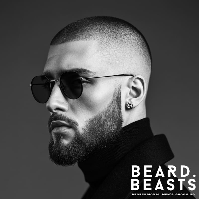 Man with a bald high fade buzz cut and full beard wearing sunglasses and a black turtleneck in a monochrome studio portrait