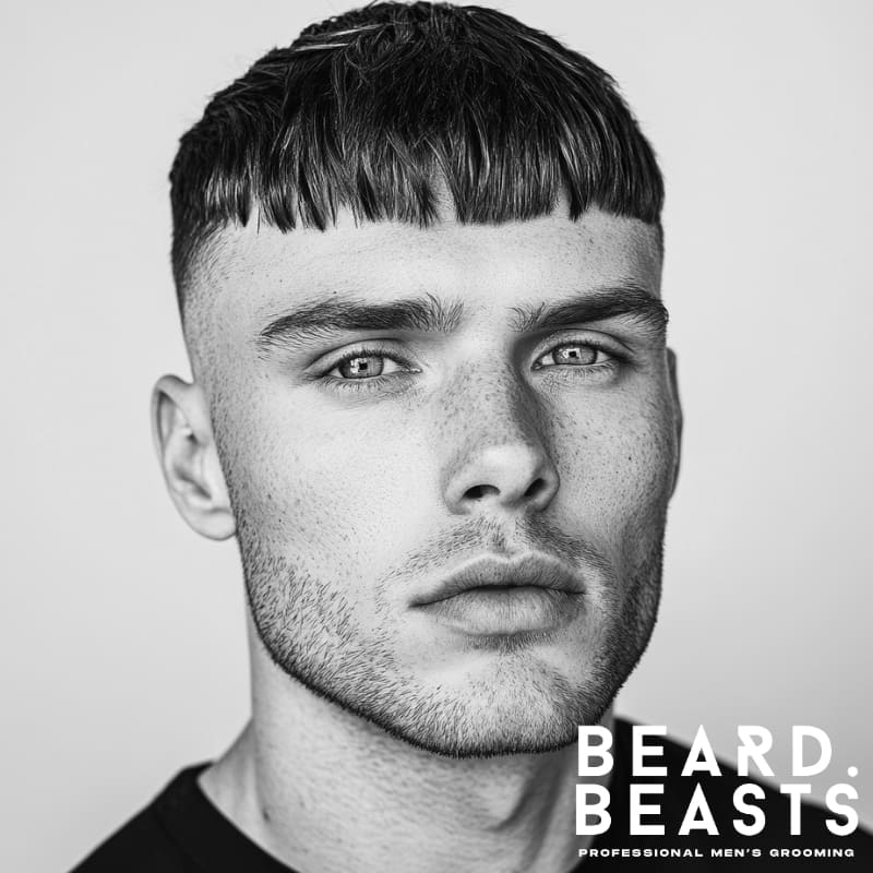 Black and white portrait of a man with a bald high fade Caesar cut, featuring a blunt fringe and structured jawline