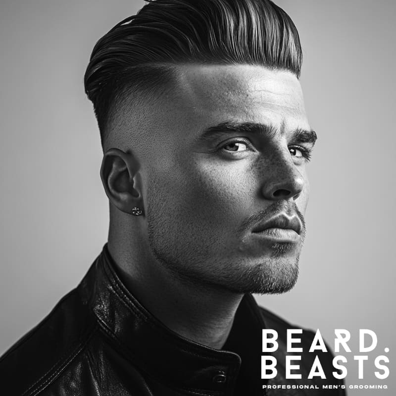 Monochrome portrait of a man with a bald high fade and voluminous pompadour hairstyle, wearing a leather jacket and stud earring