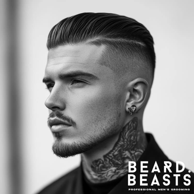 Side portrait of a man with a bald high fade slick back hairstyle, neatly styled top, and subtle facial hair in a monochrome shot