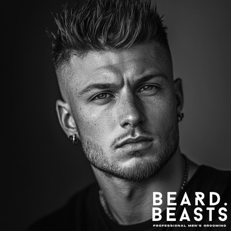 Man with a clean fade and spiky textured top in a monochrome portrait, wearing earrings and a chain necklace