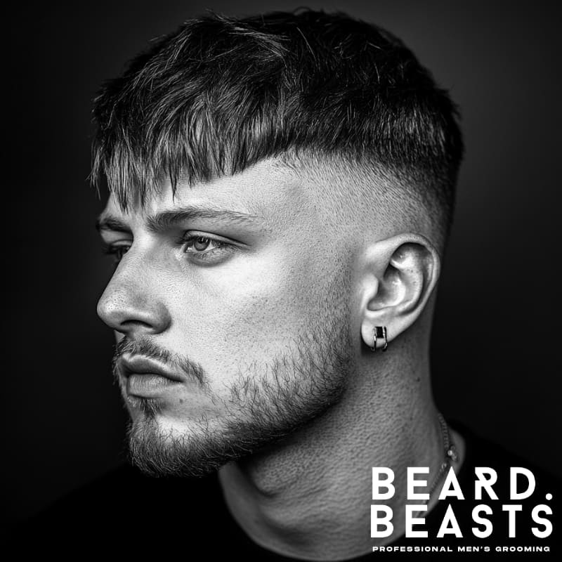 Black and white portrait of a man with a bald high fade and textured fringe haircut, featuring layered bangs and a light beard