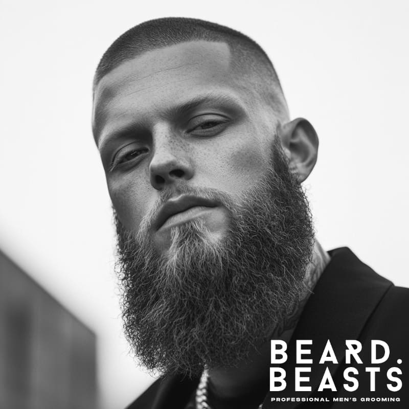 Monochrome portrait of a man with a sharp fade, full beard, and confident expression wearing a blazer and chain outdoors