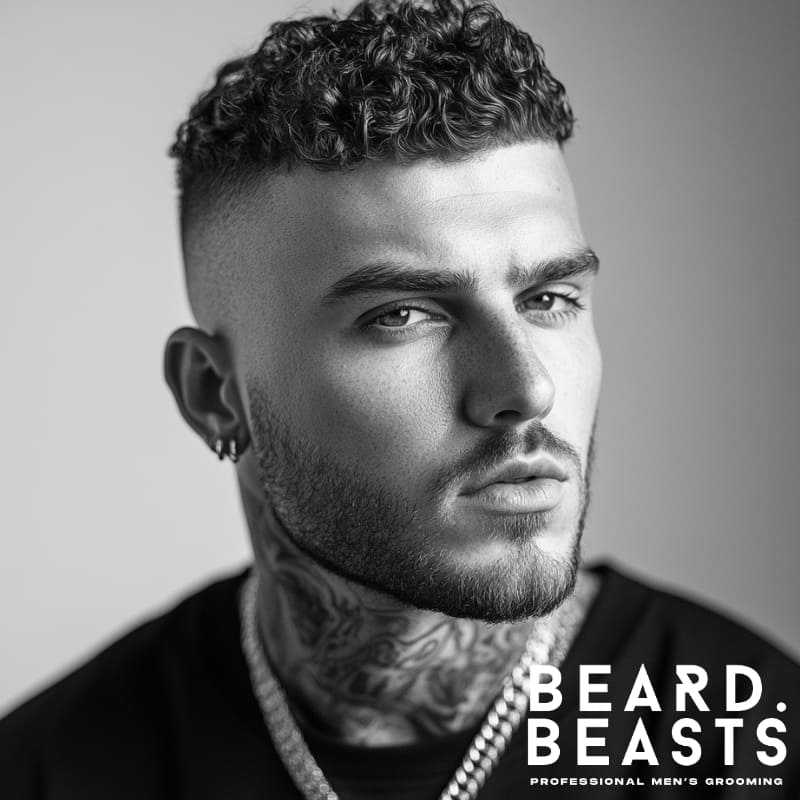 Monochrome portrait of a man with tight curls on top, a clean fade, and light beard, wearing earrings and a chain necklace