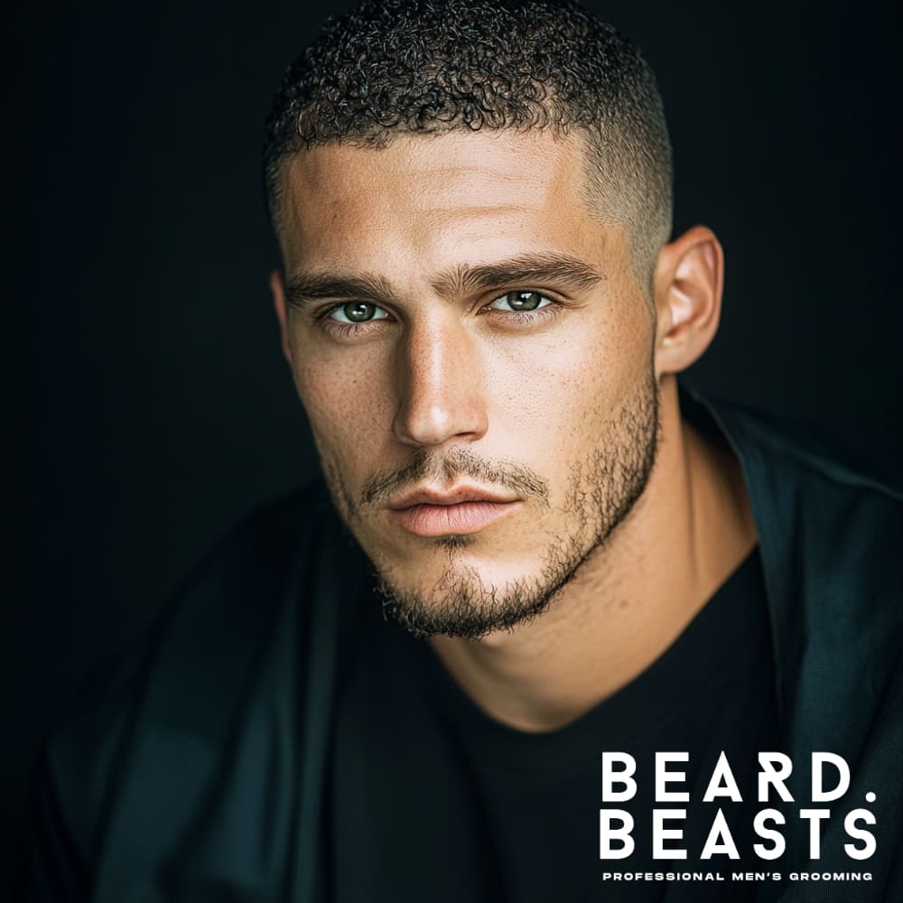 Buzz cut with natural curly texture, minimalist take on short curly hairstyles for men