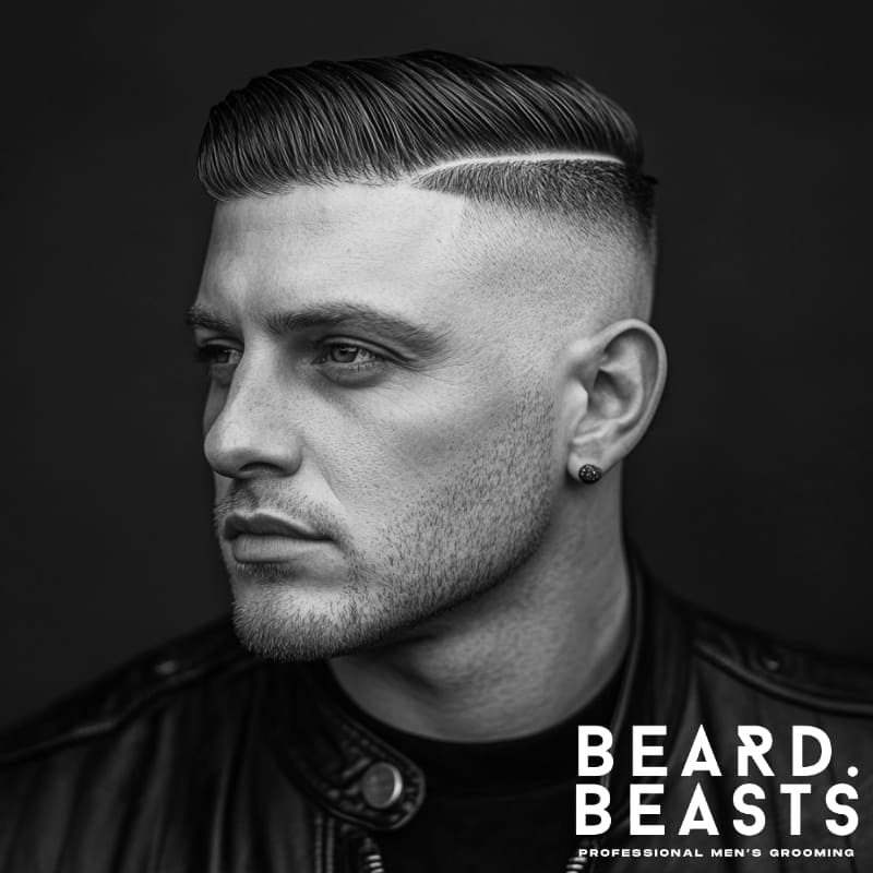 Side portrait of a man with a hard part hairstyle and clean skin fade, wearing a leather jacket and stud earring